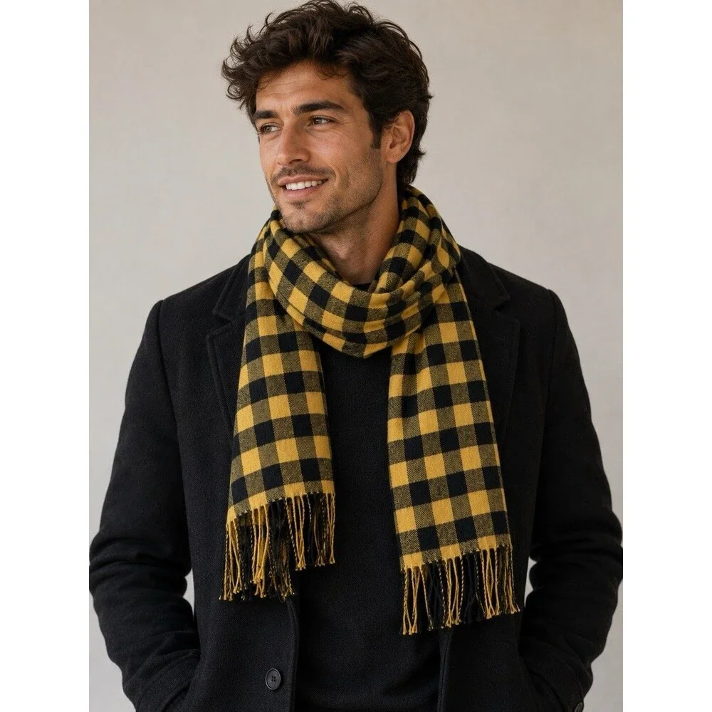 Yellow Black Buffalo Plaid Scarf Fringe Winter Wrap Unisex Soft Cozy 12x70